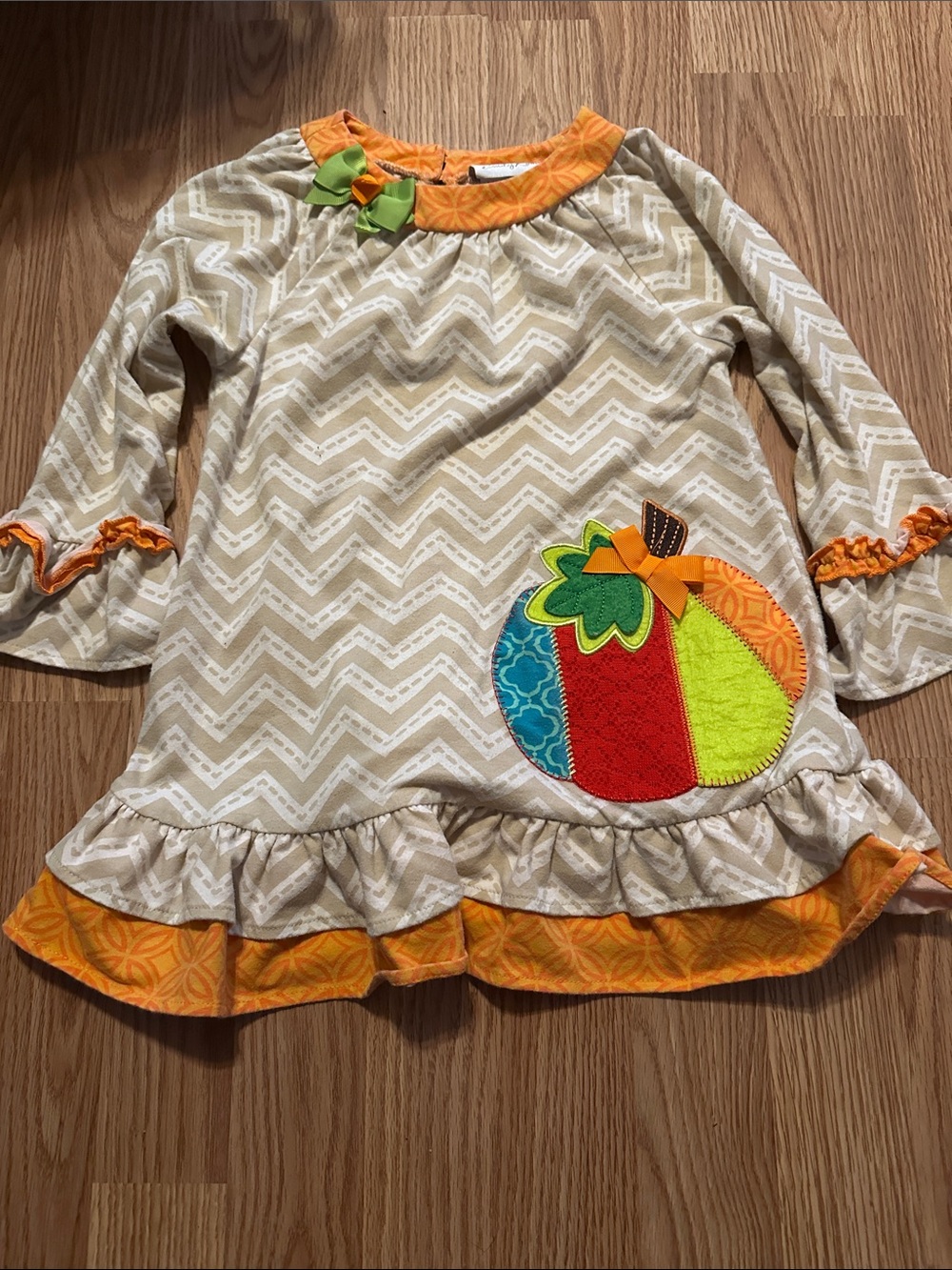 Girls Beige Chevron Pumpkin Tunic Dress with Orange Trim